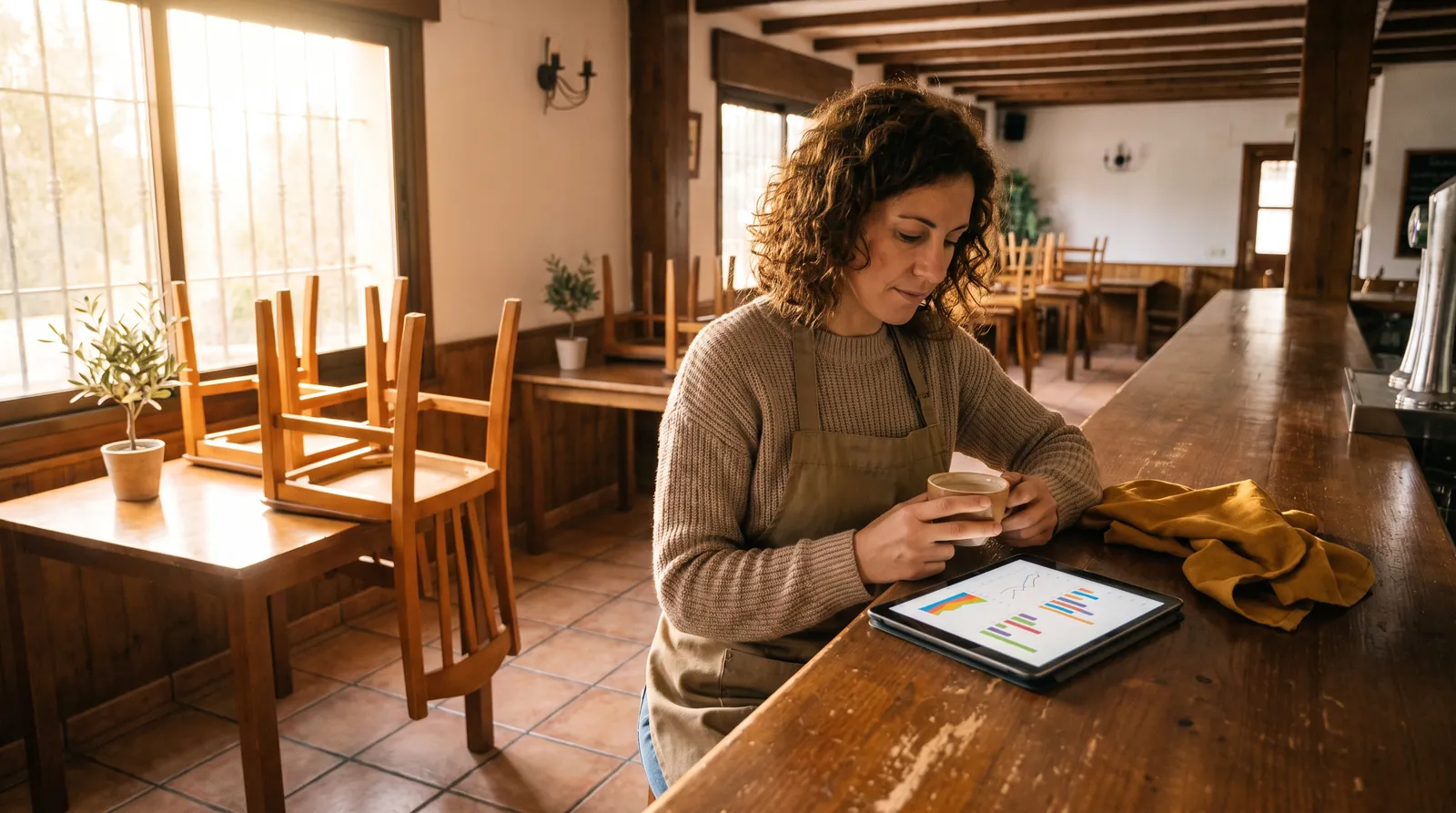 Dueña de un restaurante revisa las métricas en una tableta antes de abrir
