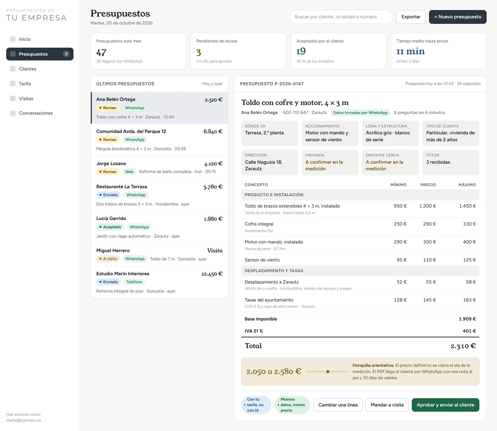 Software de presupuestos a medida: lista de presupuestos, desglose línea a línea con horquilla y botón de aprobar y enviar al cliente