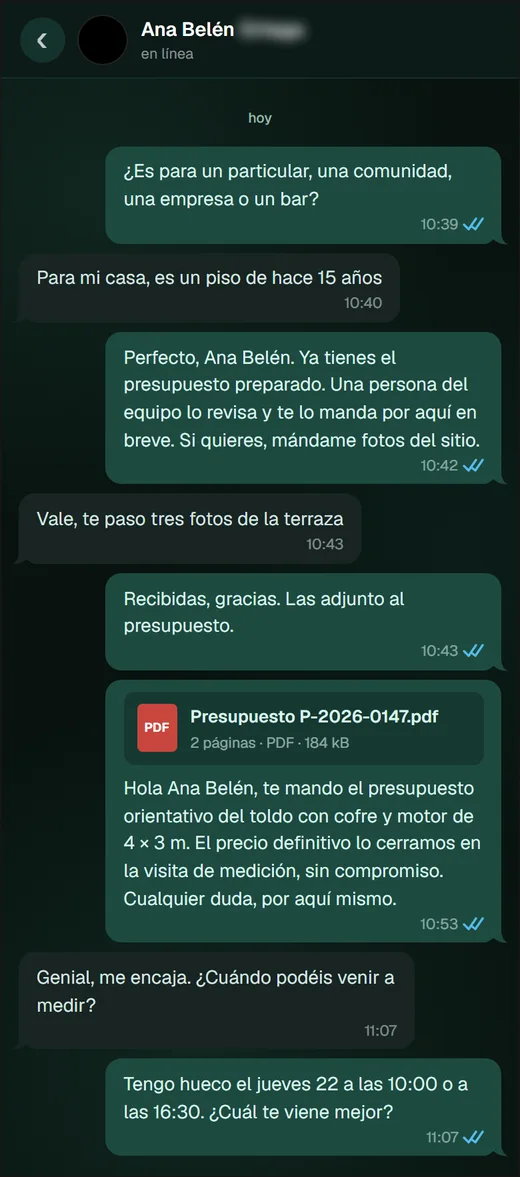El cliente recibe el presupuesto en PDF por WhatsApp